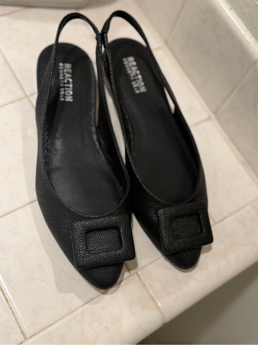 Reaction Kenneth Cole Black Pointed Toe Slingback Flats with Square Buckle